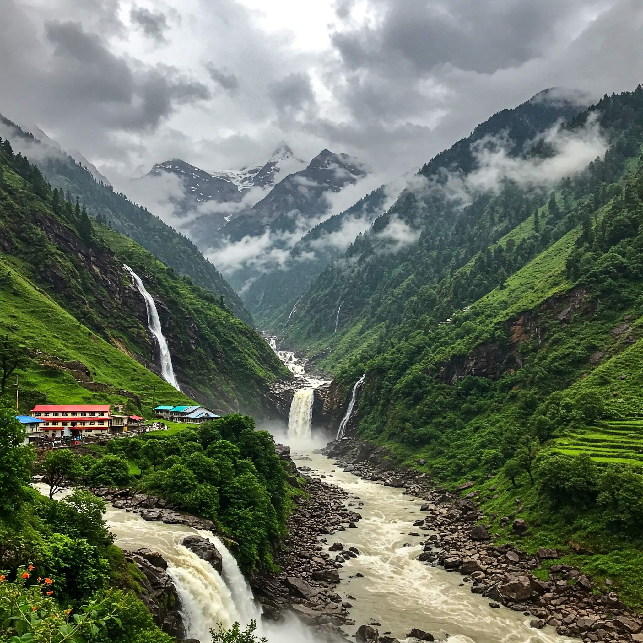 Misty mountains and waterfalls in Yamunotri during monsoon season