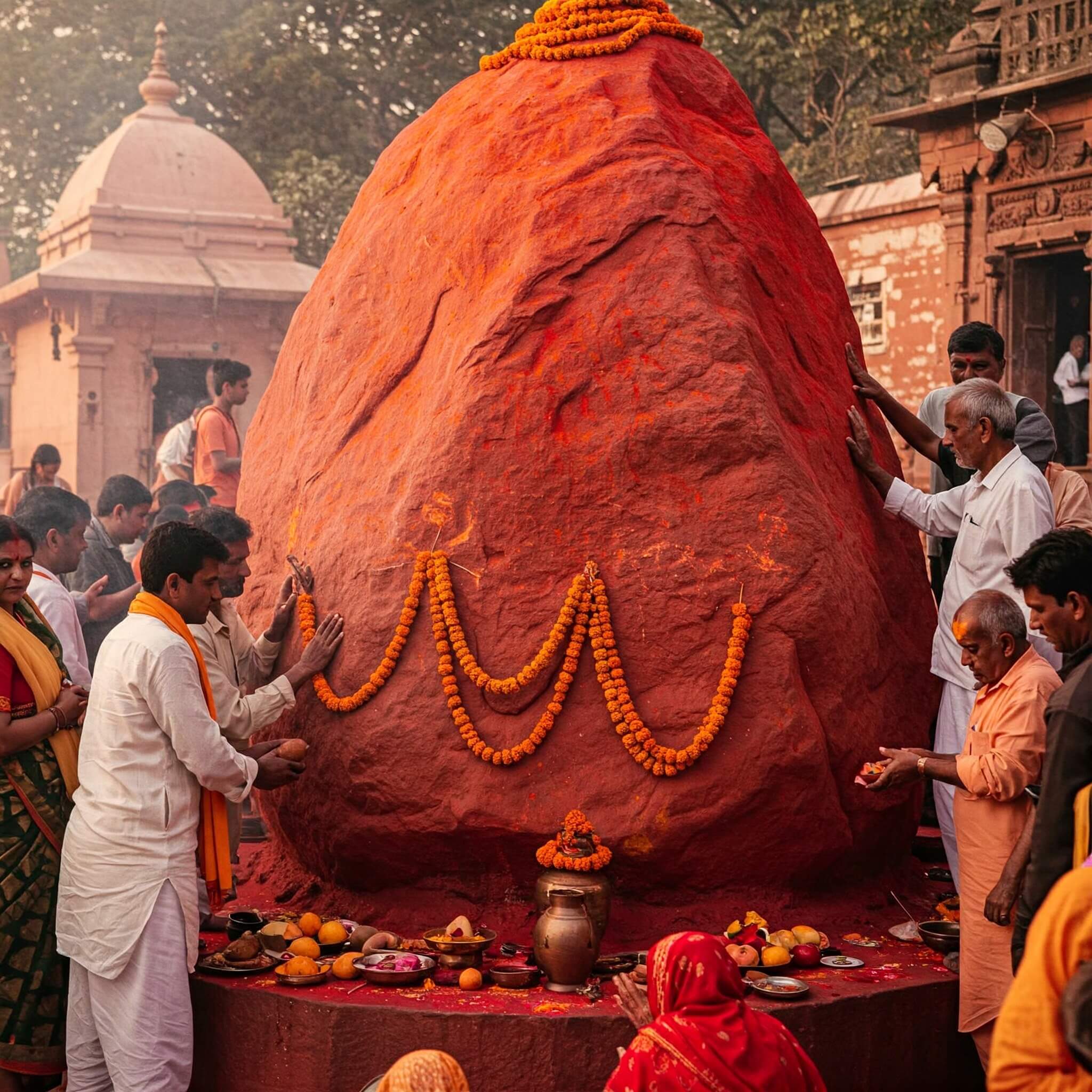 Sacred red rock formation of Divya Shila with devotees performing rituals and offerings