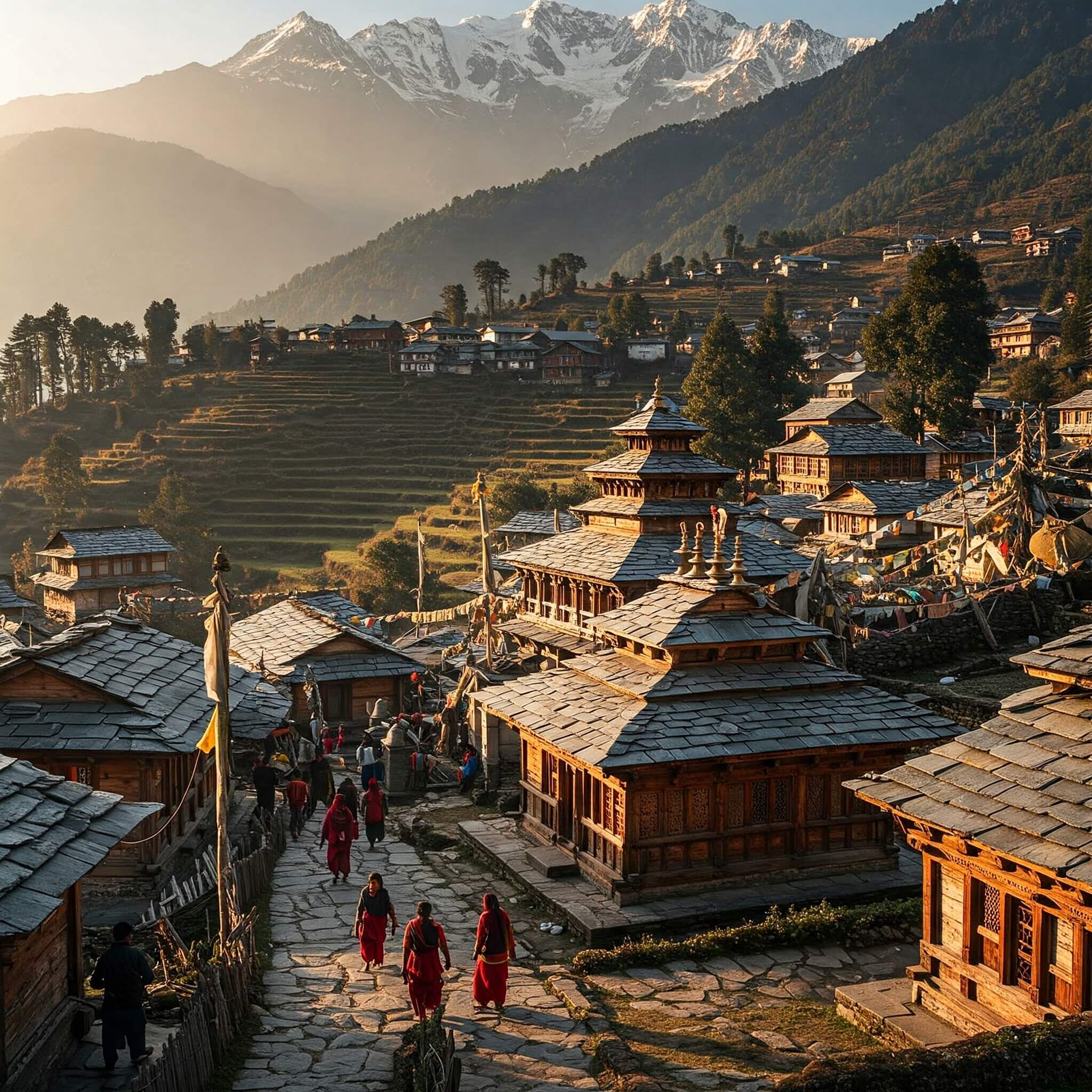 Traditional wooden architecture of Kharsali Village with ancient temple and mountain backdrop
