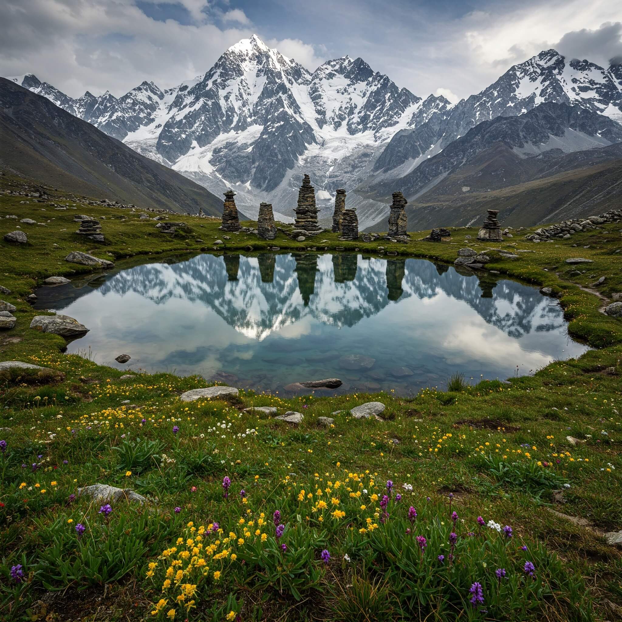 Crystal clear mountain pool of Saptrishi Kund surrounded by meadows and Himalayan peaks