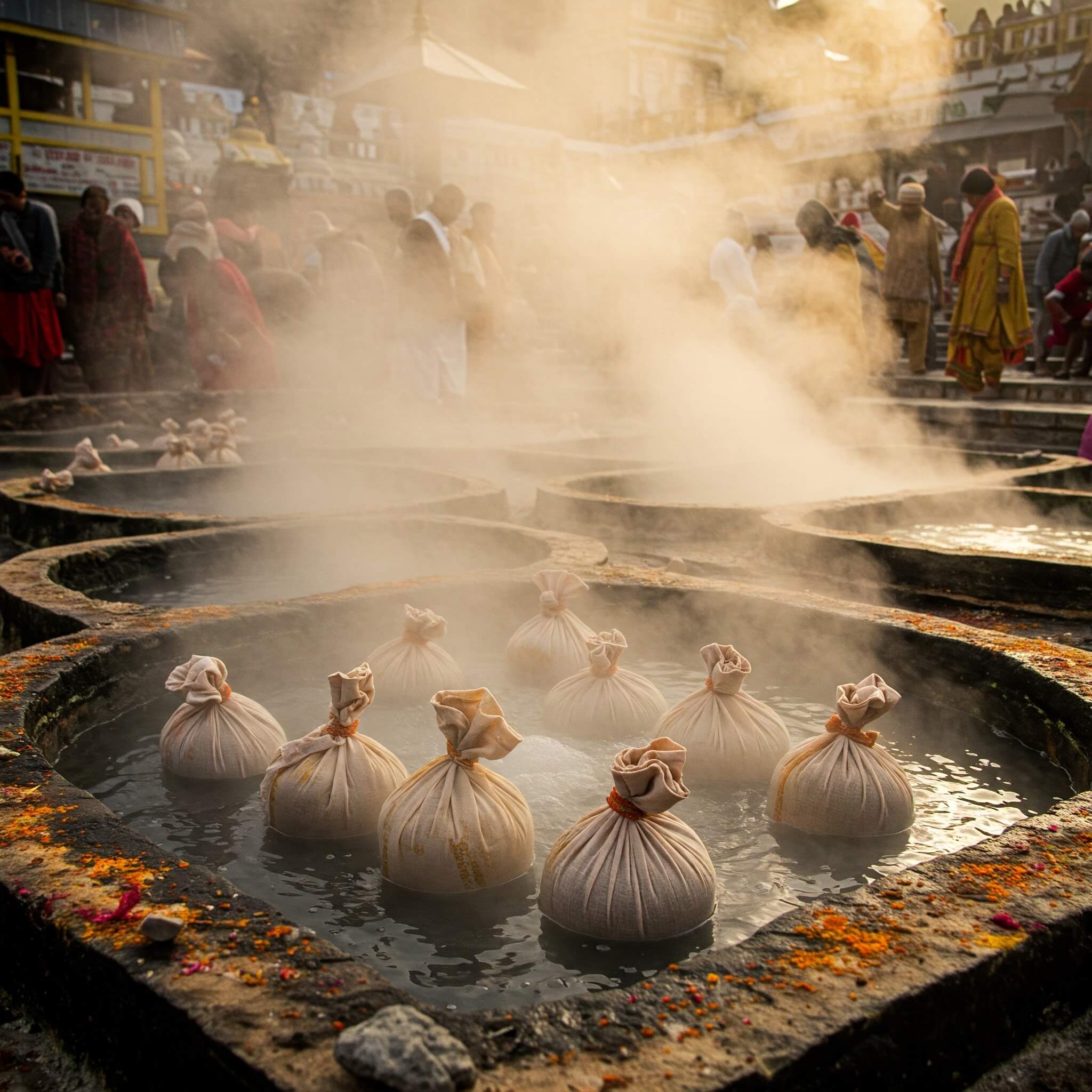Steaming hot springs of Surya Kund with pilgrims dipping rice bags and taking ritual baths