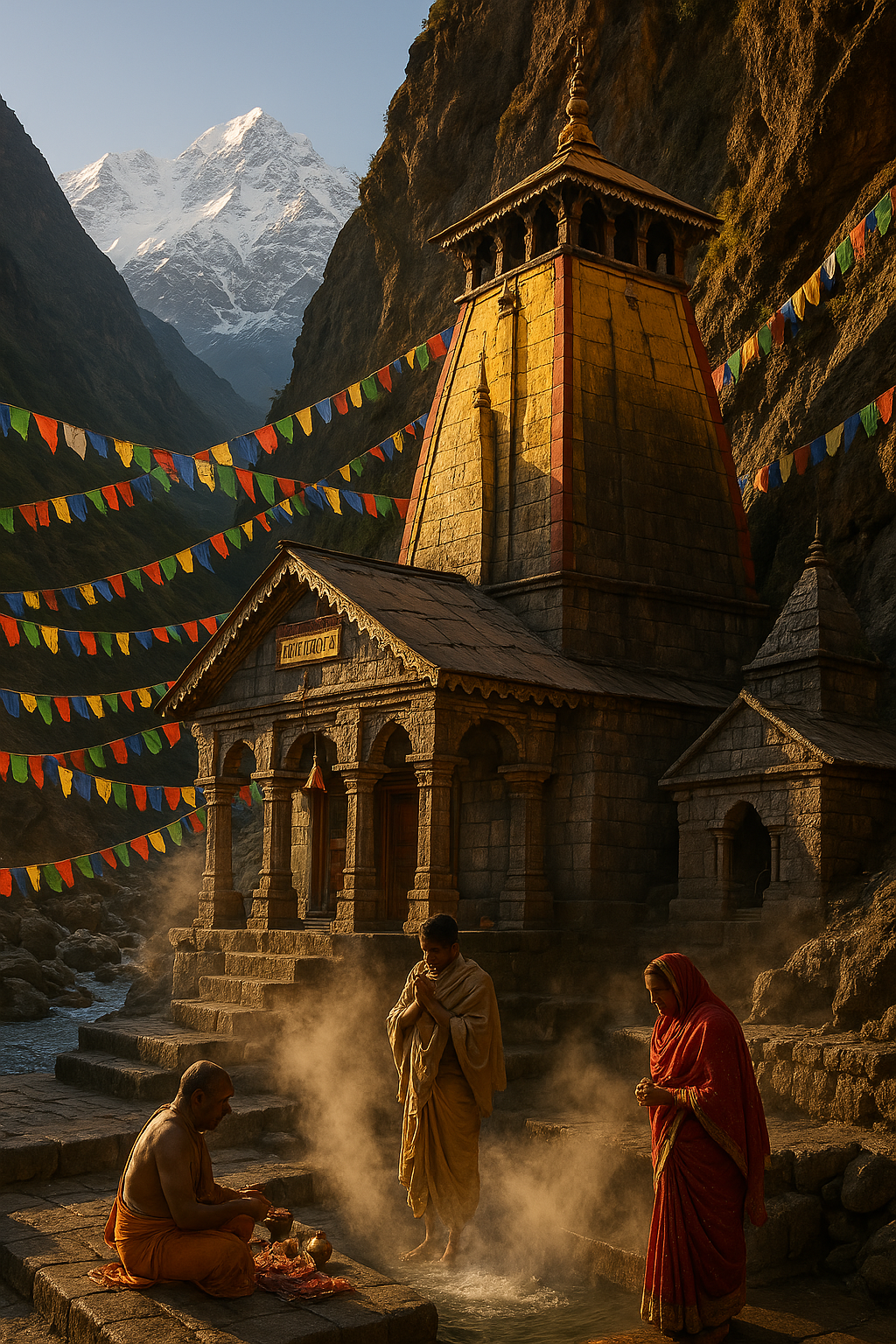 Ancient stone Yamunotri Temple with prayer flags and devotees at the source of Yamuna River
